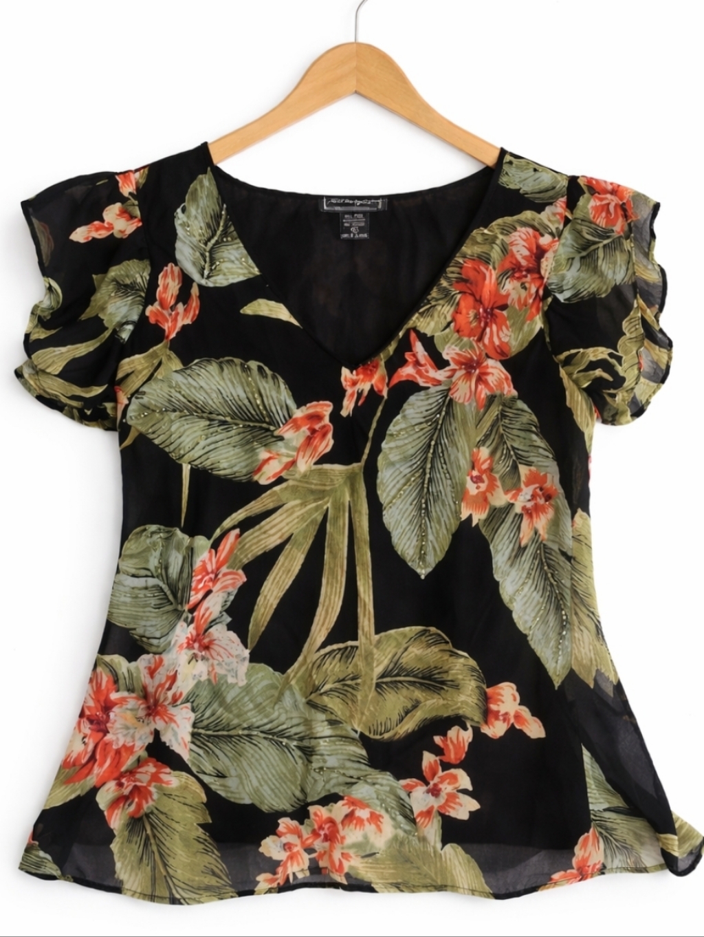 Nostalgia Black Floral Sheer Chiffon Fully Lined Flutter Tie Sleeve Blouse Sz M